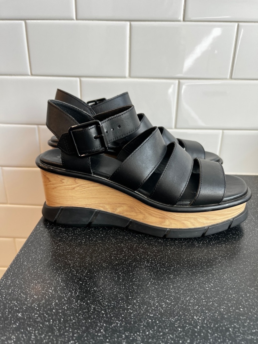 Sorel Black Strappy Wedge Sandals - Picture 4 of 9